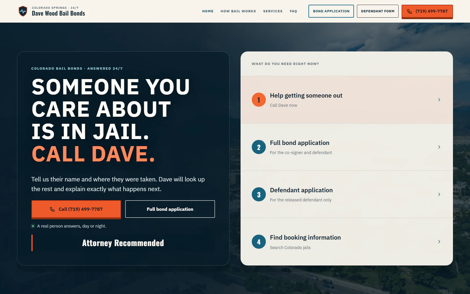 Dave Wood Bail Bonds homepage with emergency call and application choices over a Colorado Springs horizon